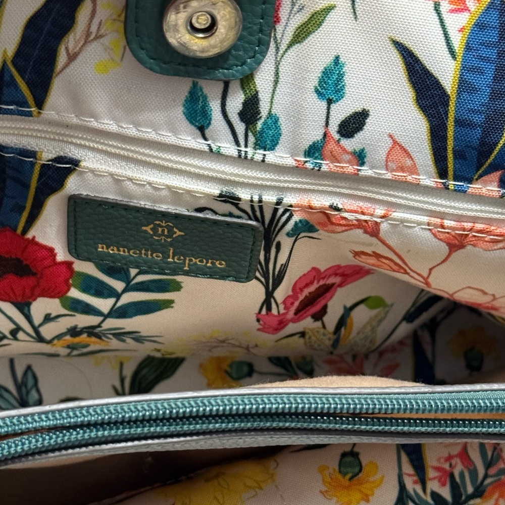 Nanette Lepore Hobo Handbag - Oversized Teal Floral Lined Purse - Picture 4 of 4